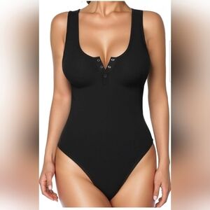 Popilush Black Button Down Sleeveless Tummy Control Tank Top Bodysuit XL/XXL